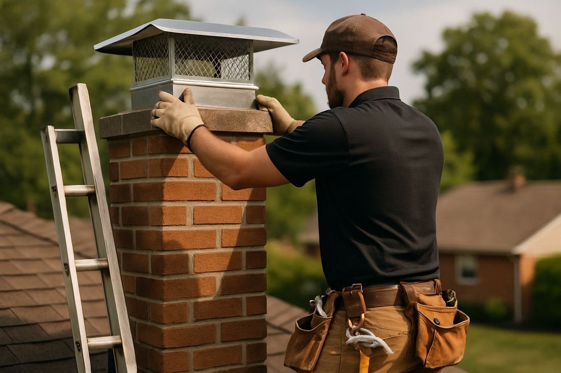 ASH Chimney technician performing cap & damper installation work on a Minneapolis, MN home