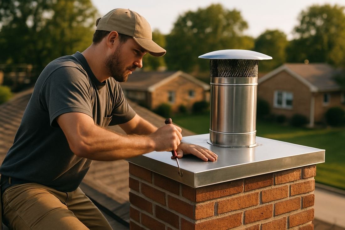 ASH Chimney technician performing cap & damper installation work on a Minneapolis, MN home