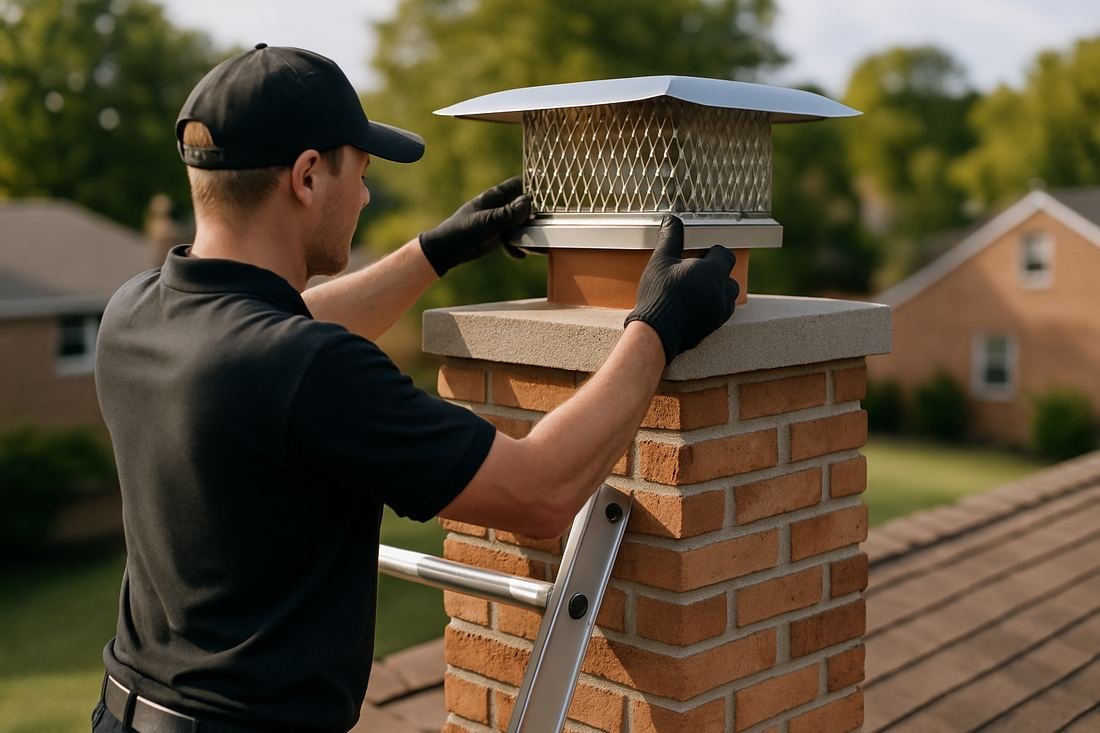 ASH Chimney technician performing cap & damper installation work on a Minneapolis, MN home