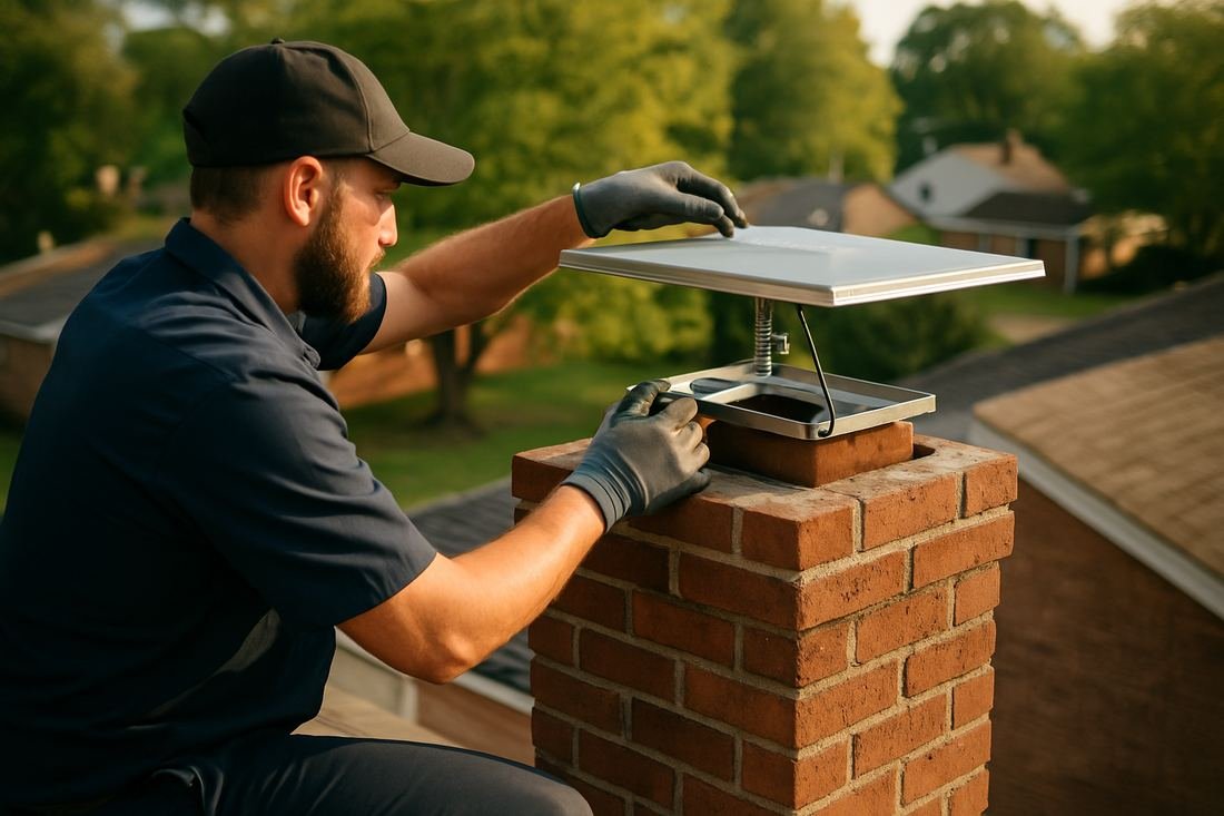 ASH Chimney technician performing cap & damper installation work on a Minneapolis, MN home