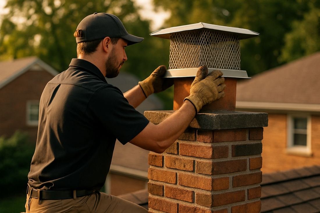ASH Chimney technician performing cap & damper installation work on a Minneapolis, MN home